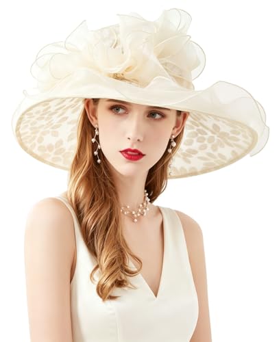 Women Derby Fascinator Hat Organza Church Wedding Hats Wide Brim Cocktail Tea Party Hat - color: 06 Beige