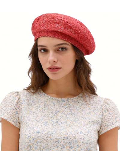 Women Lightweight Beret Floral Hollow Out Hat Breathable French Beret Beanie Hat Cap for Spring Summer - color: Fuchsia Lace 1#