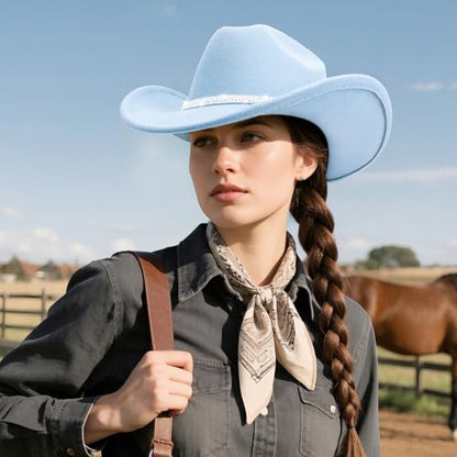 Western Cowboy Hats for Women Classic Felt Wide Brim Fedora Hat with Belt Buckle Retro Panama Hat Unisex Rolled up Cap - color: 1 Pack : Light Blue With 3 Rhinestones Bands
