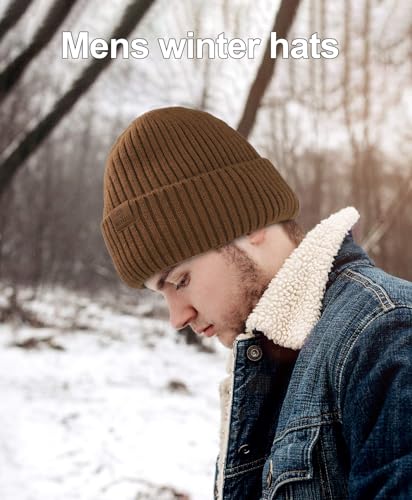 ZTL Merino Wool Beanie Hat for Men Women, Thick Warm Fleece Lined Knit Winter Hats Cuffed Beanie Stocking Hat Ski Skull Cap - color: Brown
