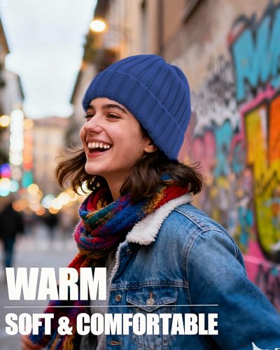 Fleece Lined Wool Beanie Hat Women Men,Winter Knit Chunky Snow Cap - color: 1-navy Blue
