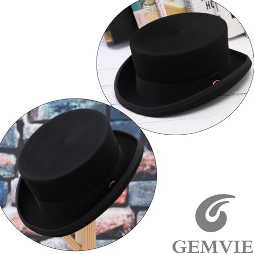 GEMVIE Men 100% Wool Top Hat Mad Hatter Satin Lined Black Low Top Hats for Party - color: Black-4.5" High, size: 7 3/8