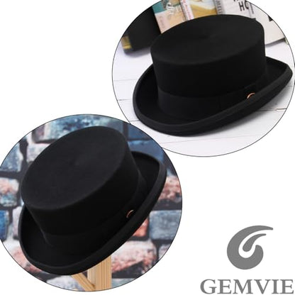 GEMVIE Men 100% Wool Top Hat Mad Hatter Satin Lined Black Low Top Hats for Party - color: Black-4.5" High, size: 6 7/8