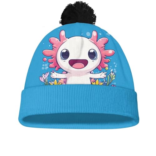 Girls Boys Winter Warm Knit Beanie Pompom Elasticity Slouchy Hat Skull Caps for Childrens - color: Blue Axolotl