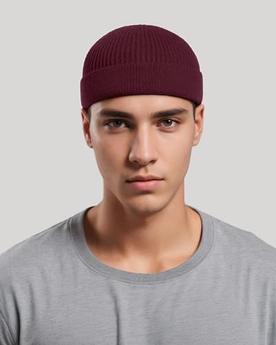 vidsel Thin Wool Fisherman Beanie for Men Short Knit Cuff Trawler Watch Hat - color: 1pcs-wine Red