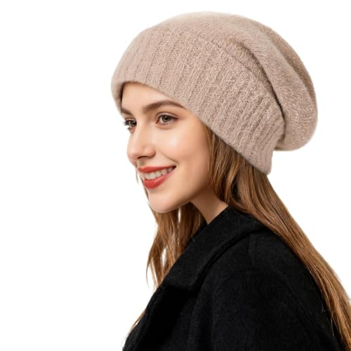 Satin Lined Slouchy Beanie Women-Winter Hats for Women Silk Lined Beanie for Winter Warm Cute Knit Hat - color: Camel
