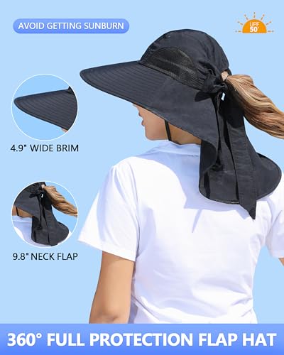 Womens Sun Hat Outdoor UV Protection Wide Brim Fishing Hat with Ponytail Hole Neck Flap for Beach Hiking Camping - color: Sun Hat-black