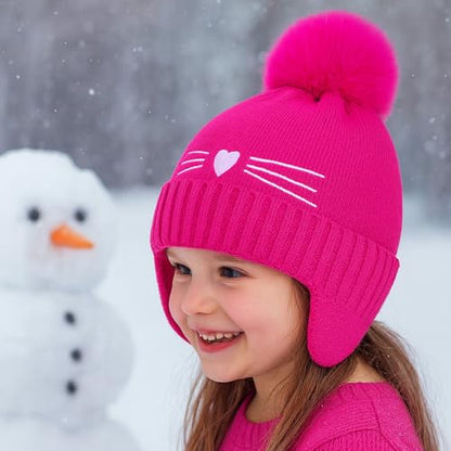 Girls Beanie Knit Hat with Ear Flaps Rainbow Cat Hats Toddler Kids Winter Outdoor Skull Snow Ski Cap Age 2-10 - color: Hot Pink, size: 2-4T