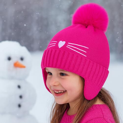 Girls Beanie Knit Hat with Ear Flaps Rainbow Cat Hats Toddler Kids Winter Outdoor Skull Snow Ski Cap Age 2-10 - color: Hot Pink, size: 2-4T