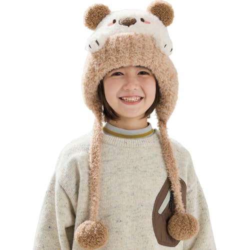 KORADI Girls Animals Knit Hats Winter Plush Beanies Hat Boys Warm Earflap Cute Cartoon Ski Cap Kid with Pom 2-12 Years - color: Beige