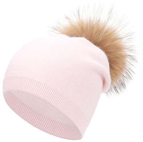 Women's Double Layer Winter Slouchy Knit Beanie Hat with Real Fur Pom Pom - color: Pink