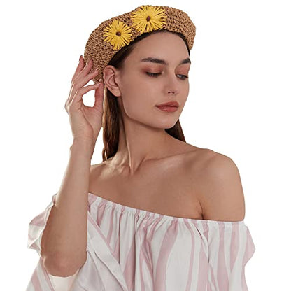 Straw Beret Summer French Beret Hats for Women Artist Crochet Beret - color: Khaki Flower