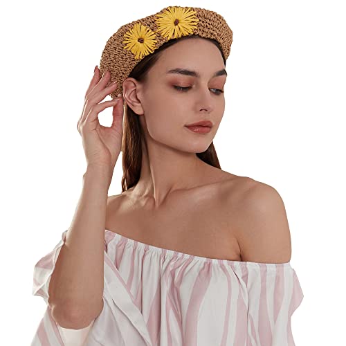 Straw Beret Summer French Beret Hats for Women Artist Crochet Beret - color: Khaki Flower