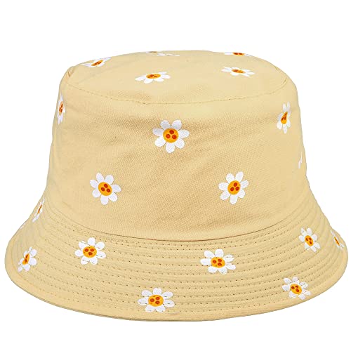 Falari Reversible Bucket Hat for Men Women Summer Travel Beach Outdoor Fishing Hat 100% Cotton - color: J876-eggnog-daisy Flower