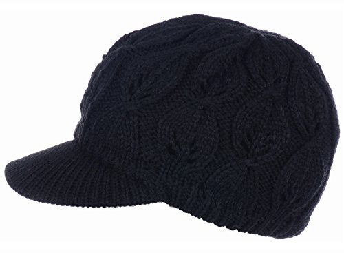 BYOS Womens Winter Chic Cable Warm Fleece Lined Crochet Knit Hat W/Visor Newsboy Cabbie Cap - color: Leafy Black