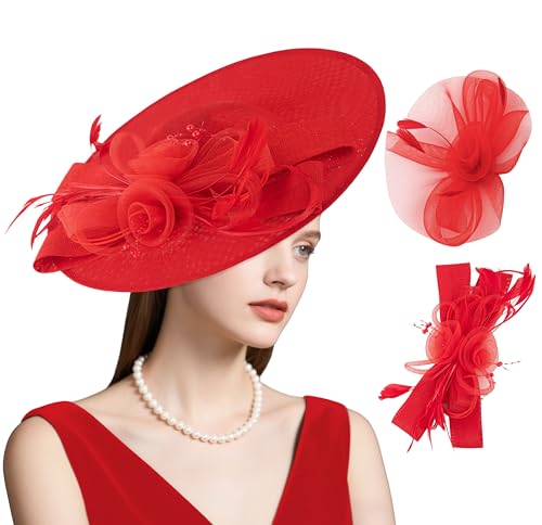 dressfan Wide Brim Fascinator Derby Hats for Women,20s Detachable Flower Hat with Headband for Derby Church Wedding Tea Party - color: Red