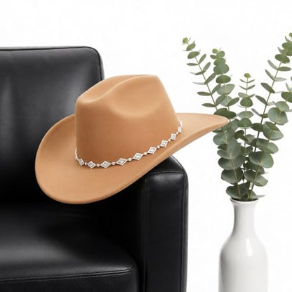 DRESHOW Women's Western Cowboy Hat Rhinestone Cowboy Cowgirl Hat Glitter Wide Brim Felt Fedora Hats Unisex Rolled up Caps - color: 1 Pack Style 11: Camel