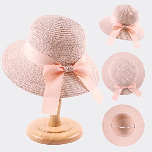 Zsedrut Women,Little Girls Straw Sun Hat Summer Beach Cap Foldable Visor Floppy Hats Wide Brim with Bowknot - color: Pink Bow, size: 2-4T