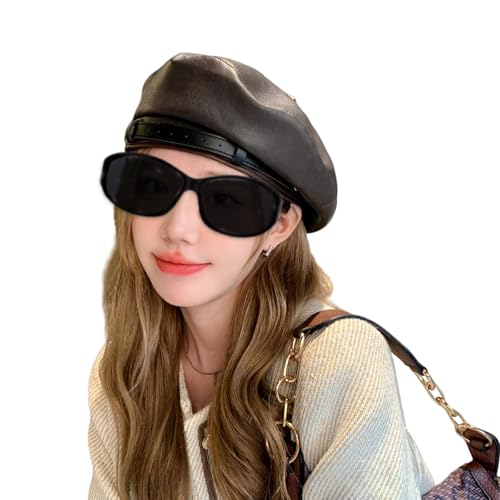 MINGSEECESS Women PU Leather French Black Beret Hat Causal Beanie Hat - color: Belt-black