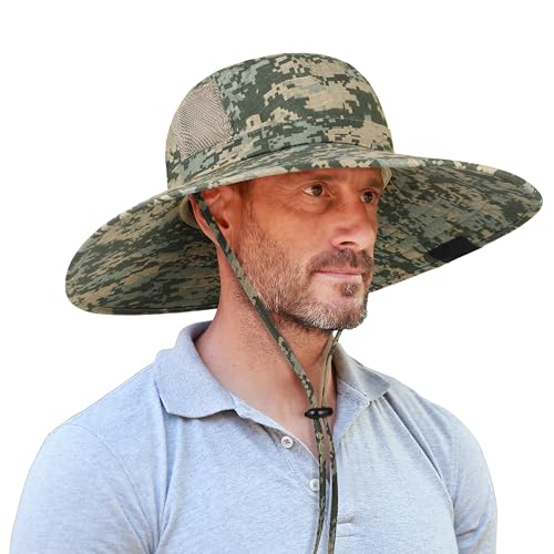 Men Safari Sun Hat Wide Brim Boonie Fishing Cap with Adjustable Drawstring - color: Grey Digital Camo