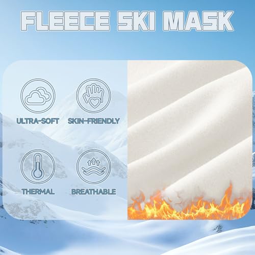 Balaclava Ski Mask for Men Women, Warm Fleece Face Mask Full Cover for Cold Weather Skiing Cycling, Ponytail Friendly - color: White