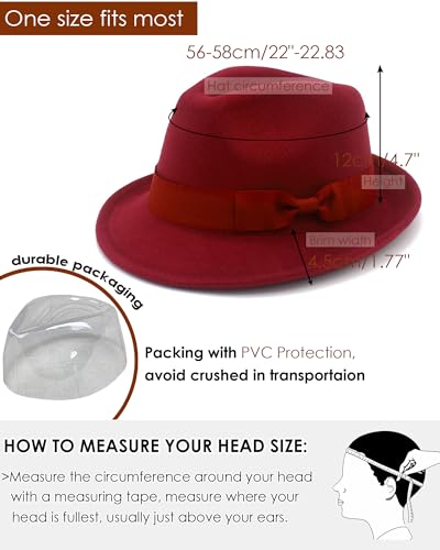 Fedora Hats for Men Women 1920s Short Brim Felt Trilby Hat - color: Wine Red