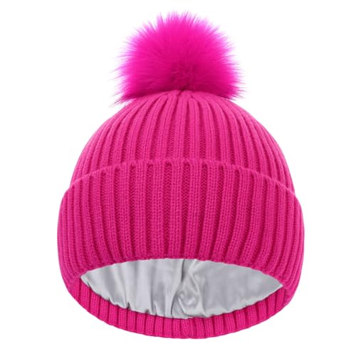 LiuSuper Kids Winter Hat, Girls Beanies 7-14, Satin Lined Beanie for Girls, Pom Pom Silk Lined Cuffed Beanie - color: Rose