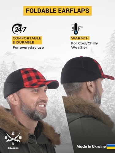 2SBR 2SABERS Mens Winter Hat with Earflaps and Visor - Warm Trucker Baseball Cap Hat - color: Red Plaid, size: Medium
