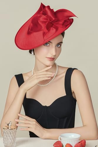 BABEYOND Derby Fascinators Hats for Women Wide Brim Tea Party Flower Hat - color: Red