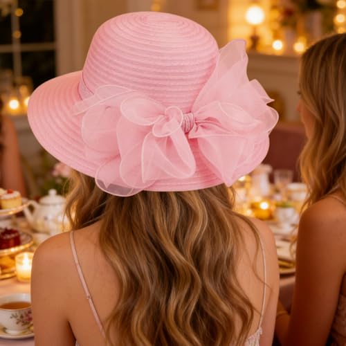 DRESHOW Lady Derby Dress Church Bowler Cloche Hat Bowknot Organza Bridal Cap for Wedding - color: 1 Pack Bowler Hat: Pink