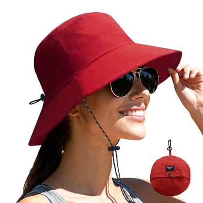 NPJY Packable Sun Bucket Hat for Women Outdoor Waterproof Rain Hat - color: Red (Packable)