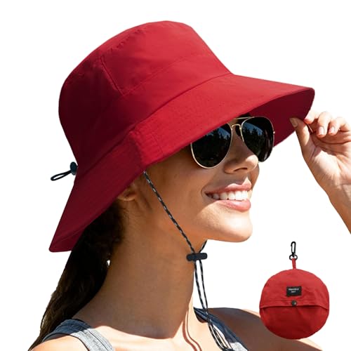 NPJY Packable Sun Bucket Hat for Women Outdoor Waterproof Rain Hat - color: Red (Packable)