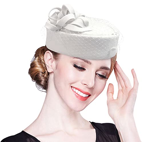 Z&X British Vintage Wool Felt Pillbox Hat Ladies Church Derby Winter Fascinator Hat Veil Flower Fedoras - color: A- Ivory White