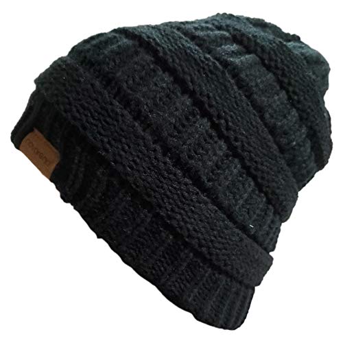 Novarena Thick Cable Knit Faux Fuzzy Fur Pom Fleece Lined Skull Cap Cuff Beanie - color: Black Beanie