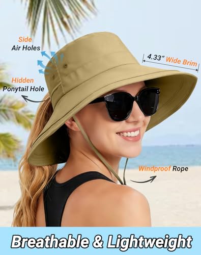 Rosoz Women Sun Hat with Ponytail Hole Wide Brim Bucket Hats UPF 50+ Beach Hiking Gardening Hat Water-Resistant Outdoot Hat - color: Khaki