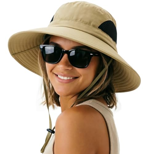 DRESHOW Sun Hats for Women Gardening Hat Waterproof Wide Brim Bucket Hat Breathable Mesh Beach Hats Packable Cap UPF 50+ - color: 1 Pack Fishing Hat Style 2: Khaki