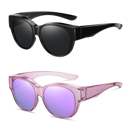 Wzerry Polarized Fit Over Glasses Sunglasses for Women Cat Eye UV400 - color: B07 L Black/Grey + Transparent Purple/Purple