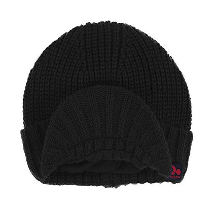Janey&Rubbins Men‘s Stylish Knit Visor Brim Beanie Hats Fleece Lined Skull Ski Caps - color: Black