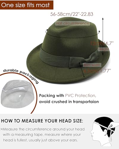 Fedora Hats for Men Women 1920s Short Brim Felt Trilby Hat - color: Olive Green