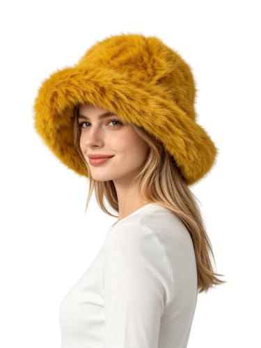 Lina & Lily Oversized Winter Faux Fur Bucket Hat for Women - Long Pile Fur Wide Moldable Brim - color: Mustard