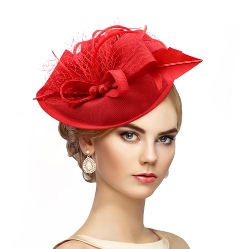 Zinniday Kentucky Fascinators Hats for Women - Vintage Tea Party Outfit Headband Church Derby Hat for Women (9.64x7.87inch) - color: Red