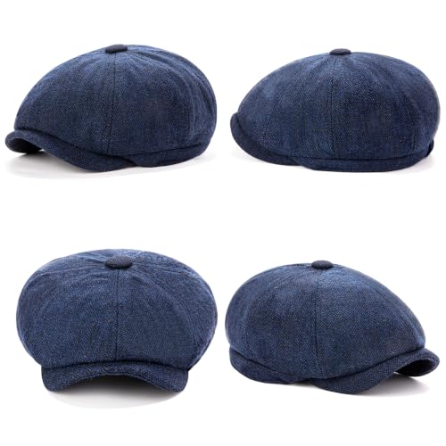 Men's Wool Newsboy Cap 8-Panel Tweed Taxi Hat Herringbone Gatsby Flat Hats - color: Navy Blue