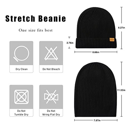 100% Merino Wool Cuff Beanie Hat, Unisex Warm Winter Caps Soft, Breathable & Cozy Stretchy Knitted Cuffed Cap - color: Black