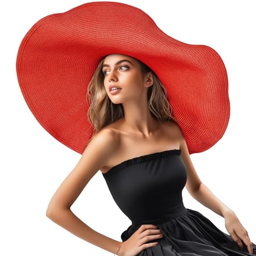 Oversized Beach Straw Hat for Women Fashion Large Wide Brim Visor Hats Summer Roll Up Floppy Sun Hat for Beach Cap Foldable - color: Red