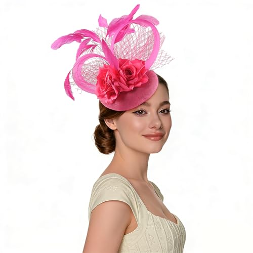 Fascinators Hat for Women Tea Party Headband Wedding Cocktail Flower Mesh Feathers Hair Clip(Rosered) - color: Rosered