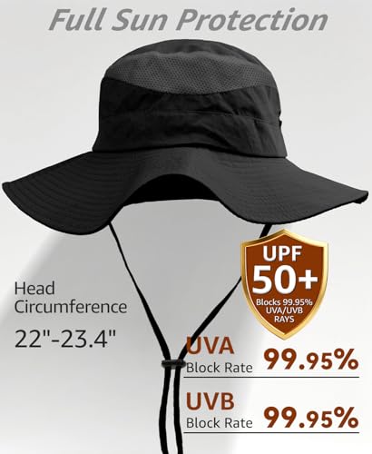 Wide Brim Sun Hat for Men Women, UPF 50+ Waterproof Packable Bucket Boonie Safari Fishing Hat - color: Black