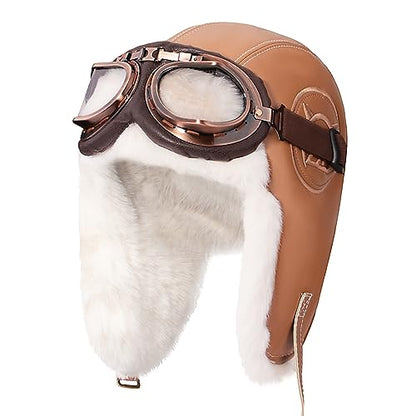 Peicees Aviator Hat With Goggles For Adult Pilot Cap Vintage Goggles Costume With Fur Ear Flaps Winter Trapper Hat Warm