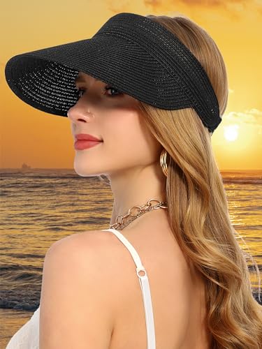 sy soul young Women's Beach Straw Hat with Ponytail Hole Packable Sunhat - color: Black