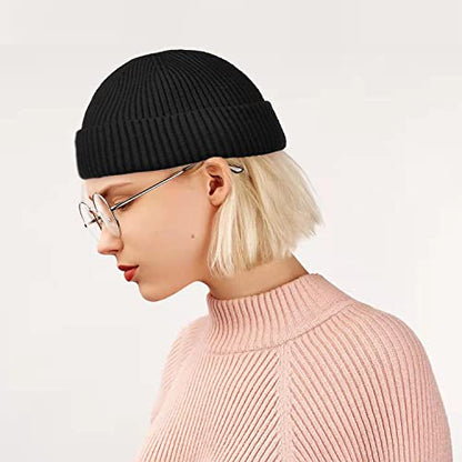 ROYBENS Short Wool Fisherman Beanie for Men Women Knit Fleece Lined Beanies - color: 2pcs-black+wine Red