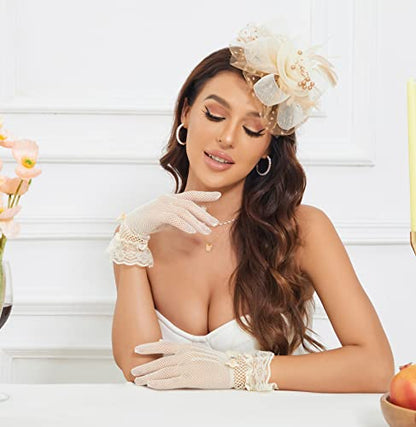 Fascinators Hat Clip Hat Wedding Cocktail Tea Party Headwear and Short Lace Bowknot Gloves for Women - color: Beige & Brown